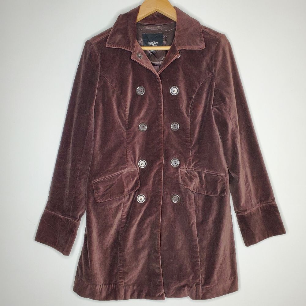 Vintage Y2K 00s Mossimo Chocolate Brown Double Breasted Velvet Coat Size S